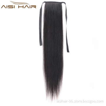 Aisi Hair 16 Inch Brazilian  Human Hair Ponytail Human Hair Ribbon Straight Ponytail Extensions for Black Women